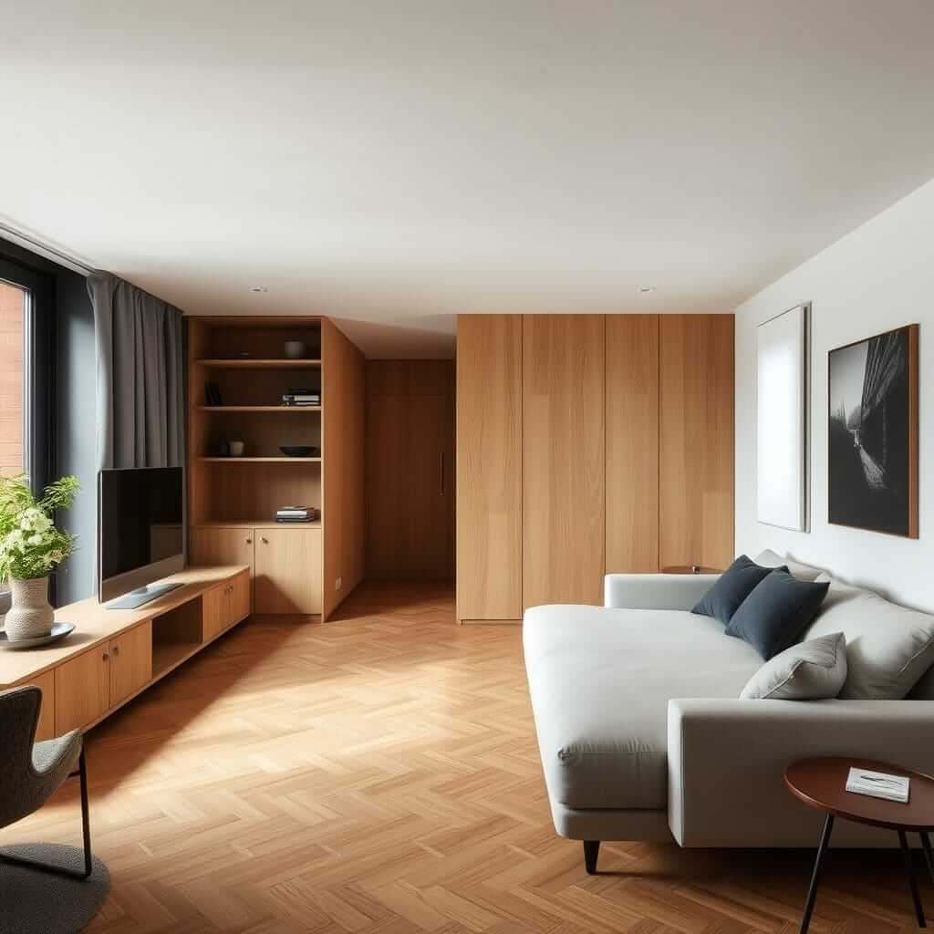 Sala con diseño minimalista cálido, tonos madera clara, iluminación natural