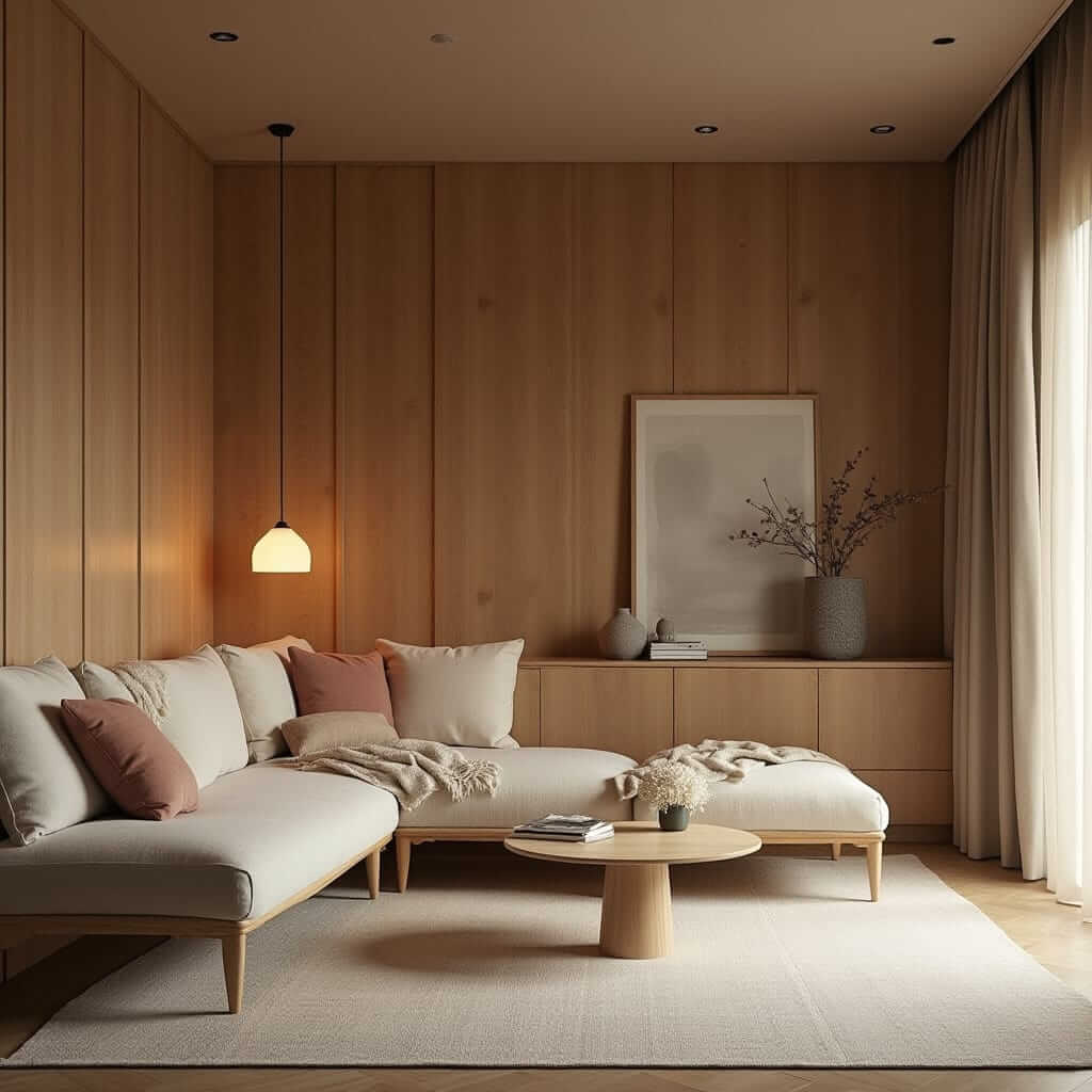 sala con textiles naturales, acabados en madera y colores tierra