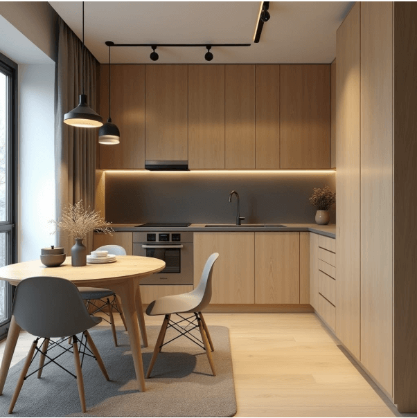 ambiente abierto entre sala, comedor y cocina con continuidad visual y mobiliario armónico
